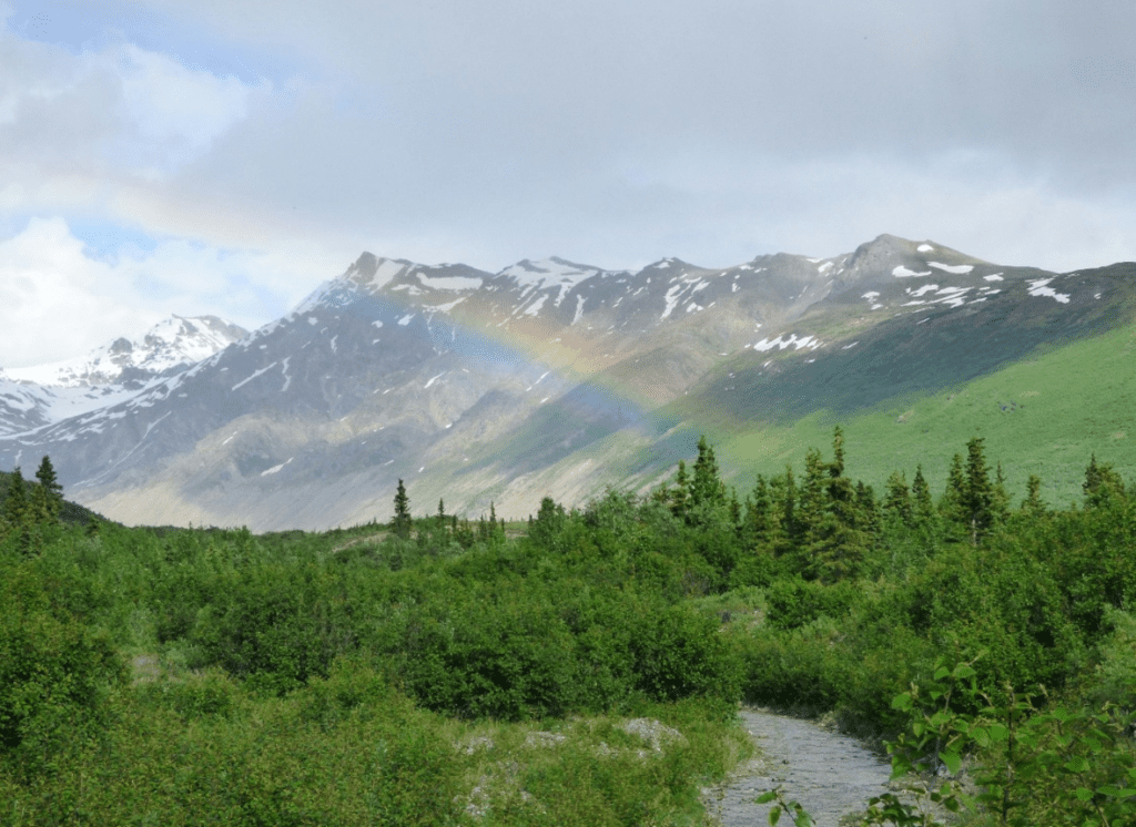 Image of rainbow over valley with mountains and a river among trees showing student empowerment represented by the rainbow