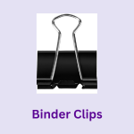 School supply, classroom supply, or office supply: binder clips. Image of one black binder clip