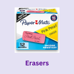 School supply, classroom supply, or office supply: pink erasers. Image of a package of PaperMate pink erasers.