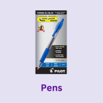 School supply, classroom supply, or office supply: pens. Image of package of Pilot blue gel medium pens.