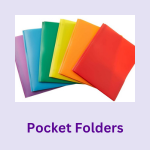 School supply, classroom supply, or office supply: pocket folders. Image of multi-colored plastic pocket folders.