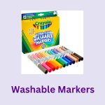 School supply, classroom supply, or office supply: washable markers. Image of package of Crayola multi-colored washable markers.