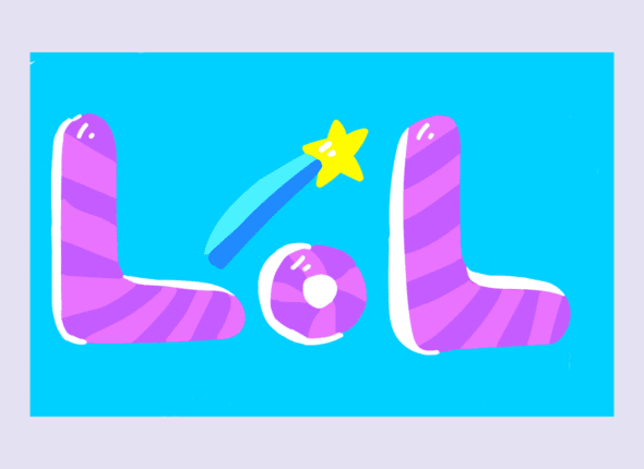 Lots of Laughs: LOL in purple and pink letters with shooting star on a blue background-the importance of humor
