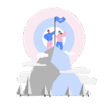 Coaching: Image of a man wearing a blue shirt and pink pants standing with a woman wearing a pink shirt and blue pants and holding a blue flag at the top of a mountain, signifying success when two people work together