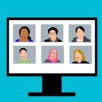 Workshops - Virtual: Image of a computer screen with six rectangles showing people's faces, signifying a virtual meeting