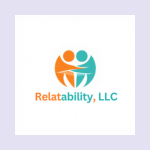 Relatability Logo: An orange person figure embracing a blue person figure, for a company offering socio-emotional relationship curriculum and services
