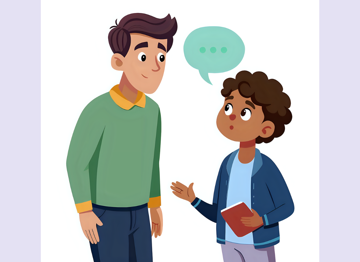 Student Engagement: Picture of a boy with curly brown hair and brown eyes, wearing a blue shirt and blue jacket and purple pants, and holding a red book, looking up at and talking with a man with brown straight hair and brown eyes, wearing a green shirt with a yellow collar and yellow stripes at the ends of his sleeves, and dark pants.