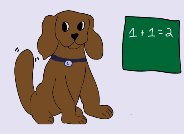 Student Engagement: Image of an excited brown dog wagging his tail next to a blackboard showing 1+1=2 in white letters.